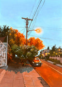 Painting of a street scene at dusk, with a telephone pole illuminating a car, crooked sidewalk and trees.
