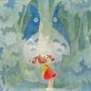 Watercolor illustration of a little girl in a red jumper, looking into the forest with a large creature hiding.