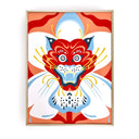 Painting in white, red, blue and yellow of a red folklore tiger as the center of a white flower.