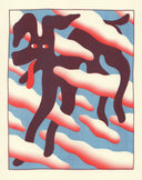 Risograph print in blue and red of a stylized dog with its tongue out, floating among clouds.
