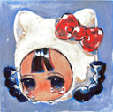 Painting of a girl's head, with large anime style eyes and tears falling out of them. She has black braids coming out of a hood hat styled after Hello Kitty, white cat ears with a red bow.
