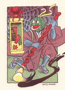 Comic book style illustration of a blue character wearing a burgundy Japanese robe and with a watermelon for its head. It holds a large ink brush and makes a bold mark on the ground, with a scroll raised to the side of it with imagery of fish.