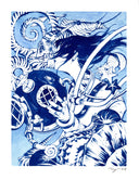 Blue and white illustration of a girl under the water, holding a scuba helmet and looking away from the viewer as sea creatures surround her.