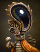 Stylized artwork of a cat with one very, very large eye bulging out of its head. It stands with a neck like a ruffled collar and has 2 tails.