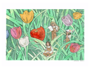 Watercolor illustration of colorful tulips amongst tall blades of grass. # small girls in matching brown overalls stand or sit among the tulips.