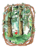 Watercolor and ink illustration of Moomin, Snorkmaiden and Little My walking through a lush forest, with bright greens. The artwork has a drawn frame of curved branches with some sprouts and and mushrooms.