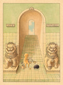 Illustration on brown paper of a small round headed simply drawn character sitting and eating at the bottom of tile steps in a large doorway. On each side of the door are large stone Chinese guardian lion statues.