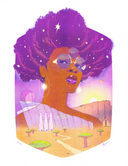Colorful risograph print of a woman with a large purple afro, with stars within it. Only her torso and up is visible, where a desert landscape is below her. 