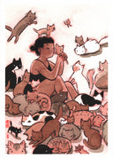 Illustration in mostly sepia tones of a tan girl sitting on the floor, amongst over a dozen cats, of all different breeds and sizes. She holds up a small kitten to her face and closes her eyes as the kitten holds out its paw. 