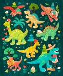 Paper collage of many colorful dinosaurs with cute, happy expressions and different hats. They stand amongst forest motifs.
