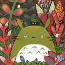 Painting of a green rabbit/bear-like creature in the middle of many colorful alien-like plants.