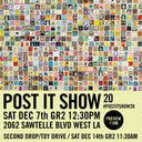 Show poster for Post it Show 20, with the top 2/3rds featuring an image of dozens of sticky notes on a wall in a close, grid pattern. Bottom 3rd of the poster features information such as time, date, and address of the show.