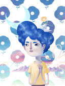 Painting of a pensive looking person with fluffy blue hair, standing in a yellow t-shirt with hands clasped. Behind is a white background with sunset patterned flowers and a mountain range.