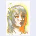 Illustration of a person with gray and orange hair and flowers in the background