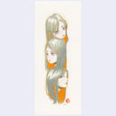 Artistic depiction of three stylized female faces with long hair, their heads stacked atop one another on a light purple background.