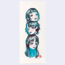 Three stylized female faces with blue hair on a light background