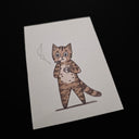 Artwork of a cartoon tabby cat standing on its hind legs and smoking a cigarette, shown on a dark background.