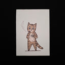 Artwork of a cartoon tabby cat standing on its hind legs and smoking a cigarette, shown on a dark background.
