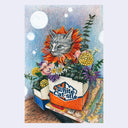Colored pencil illustration of a gray cat sitting among a vibrant bouquet of flowers and greenery which are held within a White Castle box. It sits atop of an issue of Giant Robot magazine.