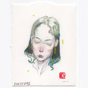Artistic illustration of a person with green hair and closed eyes on a white background.