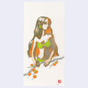 Illustration of a girl with long hair with an orange underglow and a green bikini top, holding a branch with berries.