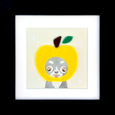 A square felt art piece featuring a cute cartoon dog peeking out from behind a large yellow apple with a green leaf and brown stem, set against a cream background with small white sparkle motifs.