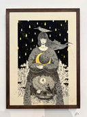 Black ink illustration of a woman wearing a dress made of small leaves, holding a crescent moon to her chest. A bird sits atop her head.