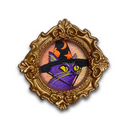 A circular brooch featuring a purple cat wearing a black witch hat with orange stars and a crescent moon, set within an ornate gold frame on a white background.