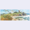 A coastal landscape painting featuring green cliffs, sandy beaches, ocean waves, flying seagulls, and a small windmill under a pale blue sky, shown centered on a light gray background.