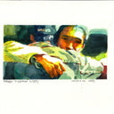 Painting based on a film still from Happy Together of a man embracing another man, with the viewer seeing only one of the men and the back of the other.