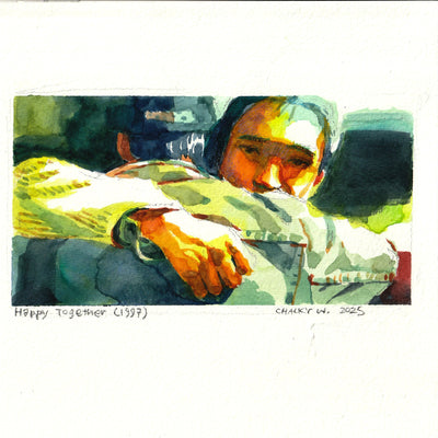 Painting based on a film still from Happy Together of a man embracing another man, with the viewer seeing only one of the men and the back of the other.