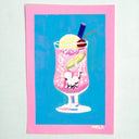 Colorful illustration of a pink soda in a glass with floating ice cream on top and a cartoon mouse diving in.