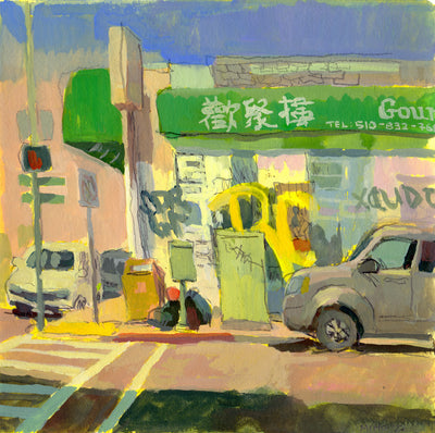 Plein air painting of a street in Oakland's Chinatown with a graffitied building in the background with a green awning.