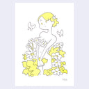 Illustration of a girl with yellow hair and flowers on a light purple background