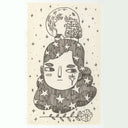 Marker drawing of a girl with fluffy hair, her head only, with a large moon and small house and trees atop her head.