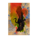 Painting of a large black crane, with its wings spread out with vertical width. Background has abstract elements, with splotches of red and tans and simple painted blue leaves.