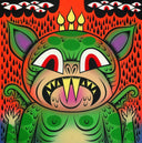 Colorful illustration of a stylized Booska creature with a red background