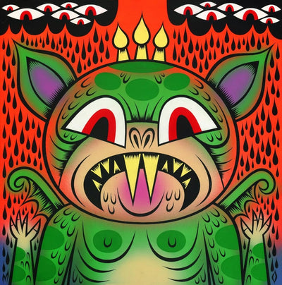 Colorful illustration of a stylized Booska creature with a red background