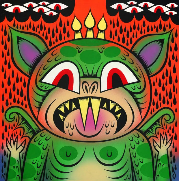Colorful illustration of a stylized Booska creature with a red background