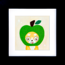 A square felt art piece featuring a cute yellow and white chihuahua peeking out from a green apple-shaped head with a dark brown stem and green leaf, set against a cream background with small white star accents.