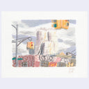 A textured pastel or crayon-style art print depicting an urban street scene with stacked shipping containers, traffic lights, utility poles, and graffiti, presented on a white sheet against a pale lavender background.