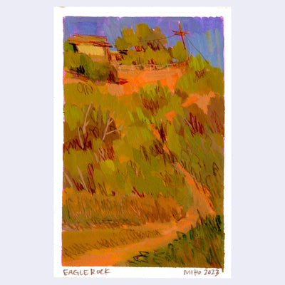 Plein air painting of a dusky orange and green hillside, leading up to a small house with a gated ranch style backyard. A telephone pole is at the top of the hill.