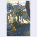 An impressionistic painting of a sunlit hillside town with white buildings, a tall palm tree, blue-gray streets, and a yellow pedestrian crossing sign in the foreground.