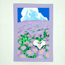 Illustration of a small white cartoon mouse in a field of purple flowers with a large cloudy sky in the background.