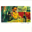 Painting based on a film still from Happy Together of a man sitting at a table in a dim lit bar with many bottles on his table, talking into a recording device.