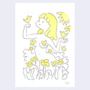 Cartoon illustration of a woman with yellow hair and birds, surrounded by flowers on a white background.