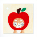 A square felt art piece featuring a cute cartoon dog peeking out from behind a large red apple with a green leaf and brown stem, set against a cream background with small white sparkle motifs.