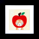 A square felt art piece featuring a cute cartoon dog peeking out from behind a large red apple with a green leaf and brown stem, set against a cream background with small white sparkle motifs.