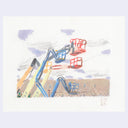 A pastel artwork depicting construction cranes and aerial lifts in blue, red, and yellow, with a textured off-white paper background and a light lavender border.