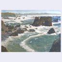 An impressionistic coastal landscape painting showing rocky cliffs, crashing waves, and surf in muted blue, green, white, and brown tones, centered on a light gray background.